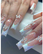 Transform Your Nails with 24pcs Long Square Aurora Butterfly Rhinestone Decor Fake Nail & 1sheet Tape & 1pc Nail File