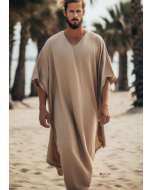 Beige Men Linen Solid Long Caftan