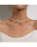 Fashion trend full of pearl fringe temperament necklace set with diamond bow super fairy clavicle chain
