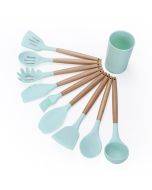 kn082 9 in 1 Wooden Handle Silicone Kitchen Tool Set with Storage Bucket(Green)