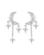 BSE858 Sterling Silver S925 Platinum Zircon Moon Tassel Earrings