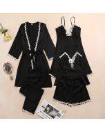 Ice silk pajamas women's summer five-piece long-sleeved suspender nightdress thin section sexy lace with chest pad home clothes