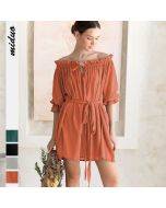 high level customized women's frill drawstring dress women's loose orange dress