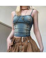 2023 summer new retro design blue camisole vest high waist irregular half-body skirt two-piece set