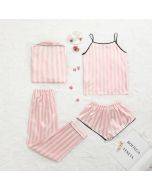 new spring and summer fashion women's ice silk four-piece suspender pajamas women's thin striped sweet home clothes