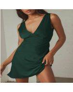 Temperament Retro American Light Mature Style V-Neck Ruffle Edge Fragmented Flower Slim Fit Double Layer Mesh Suspender Dress Lo