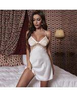 Summer imitation silk sexy hot golden lace stitching white suspender skirt backless pajamas female manufacturers wholesale