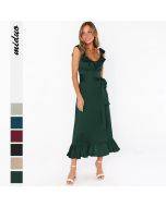 Jtfur New Design Ladies Elegant Sleeveless Skirt Ruffled Satin Women Casual Dresses
