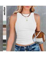 Zacavia Ladies Blouse Solid Color Printed Crew Neck Tank Top Fashion Casual Ladies T Shirt Sleeveless Women Shirt